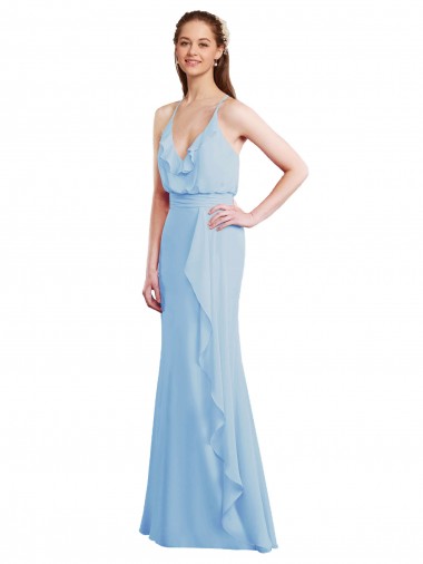 Open Back Light Sky Blue Soft Chiffon Spaghetti Straps Long Sleeveless Bridesmaid Dress Norwich