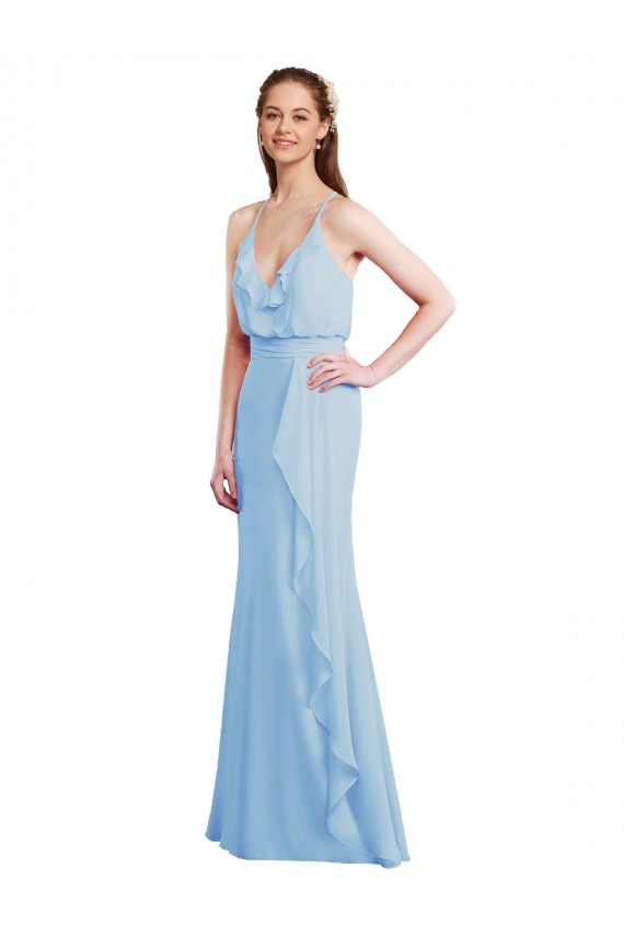 Open Back Light Sky Blue Soft Chiffon Spaghetti Straps Long Sleeveless Bridesmaid Dress Norwich