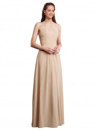 Low Back Champagne Soft Chiffon Halter Neck Long Sleeveless Bridesmaid Dress Norwich