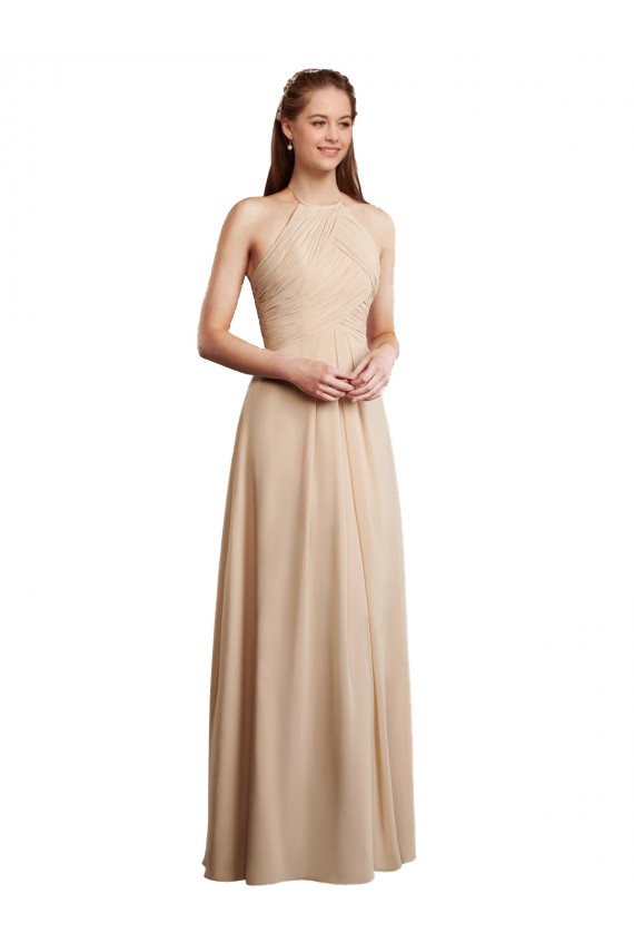 Low Back Champagne Soft Chiffon Halter Neck Long Sleeveless Bridesmaid Dress Norwich