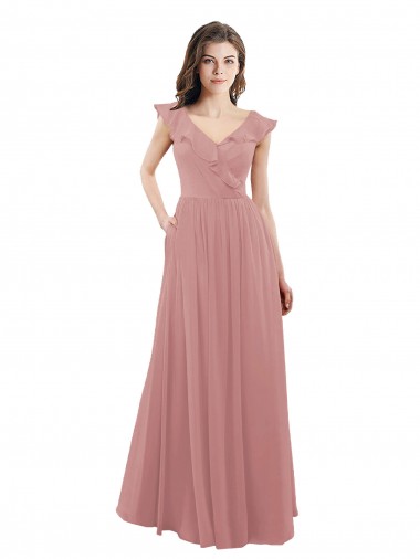 V-Back Dusty Pink Soft Chiffon V-Neck Long Cap Sleeves Bridesmaid Dress Norwich