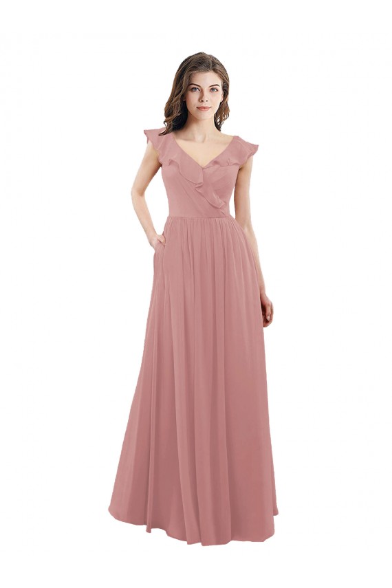 V-Back Dusty Pink Soft Chiffon V-Neck Long Cap Sleeves Bridesmaid Dress Norwich