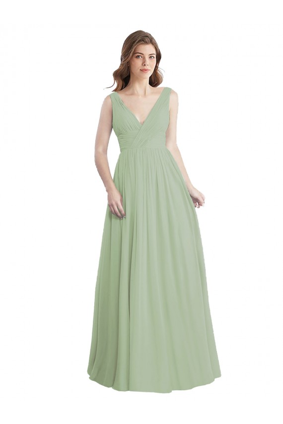 V-Back Smoke Green Soft Chiffon V-Neck Long Sleeveless Formal Dress / Bridesmaid Dress Norwich