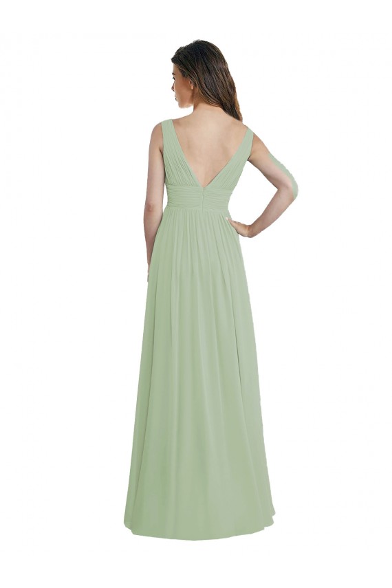 V-Back Smoke Green Soft Chiffon V-Neck Long Sleeveless Formal Dress / Bridesmaid Dress Norwich