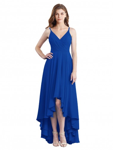Open Back Royal Blue Soft Chiffon Spaghetti Straps Long Sleeveless High Low Bridesmaid Dress Norwich