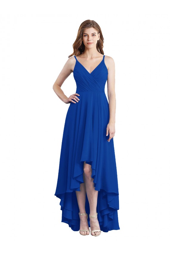 Open Back Royal Blue Soft Chiffon Spaghetti Straps Long Sleeveless High Low Bridesmaid Dress Norwich