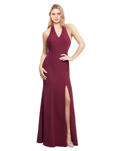 Open Back Burgundy Soft Chiffon Halter Neck Long Sleeveless Bridesmaid Dress Norwich
