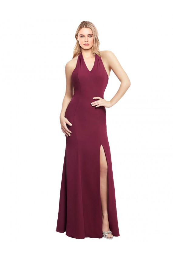 Open Back Burgundy Soft Chiffon Halter Neck Long Sleeveless Bridesmaid Dress Norwich