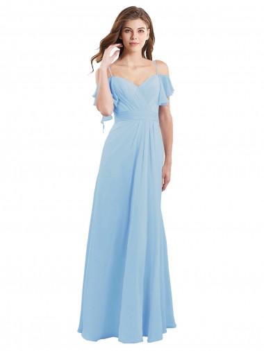 Low Back Light Sky Blue Soft Chiffon Spaghetti Straps Long Cold Shoulder Bridesmaid Dress Norwich