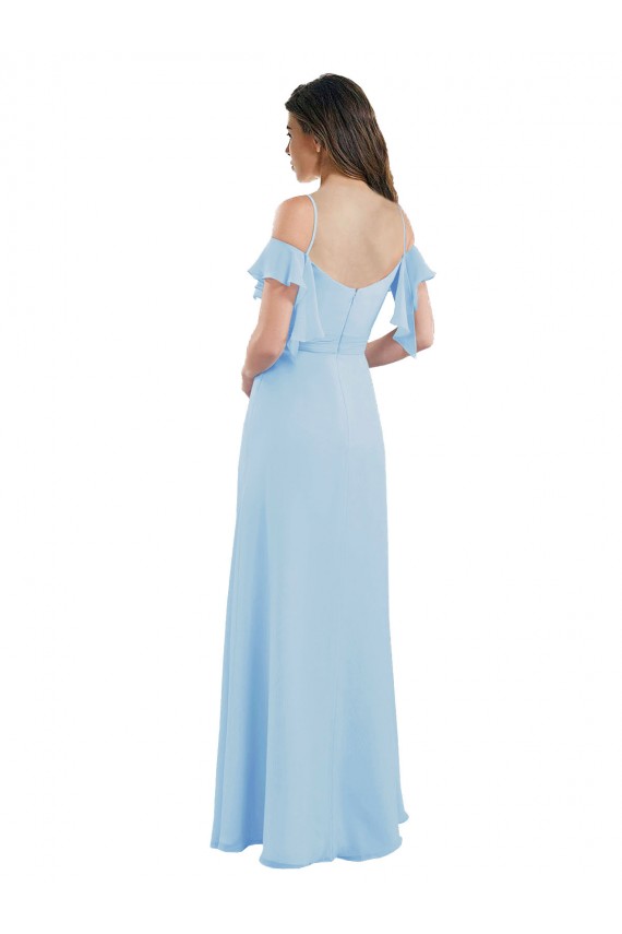 Low Back Light Sky Blue Soft Chiffon Spaghetti Straps Long Cold Shoulder Bridesmaid Dress Norwich