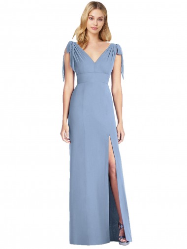 V-Back Dusty Blue Soft Chiffon V-Neck Long Sleeveless Bridesmaid Dress Norwich