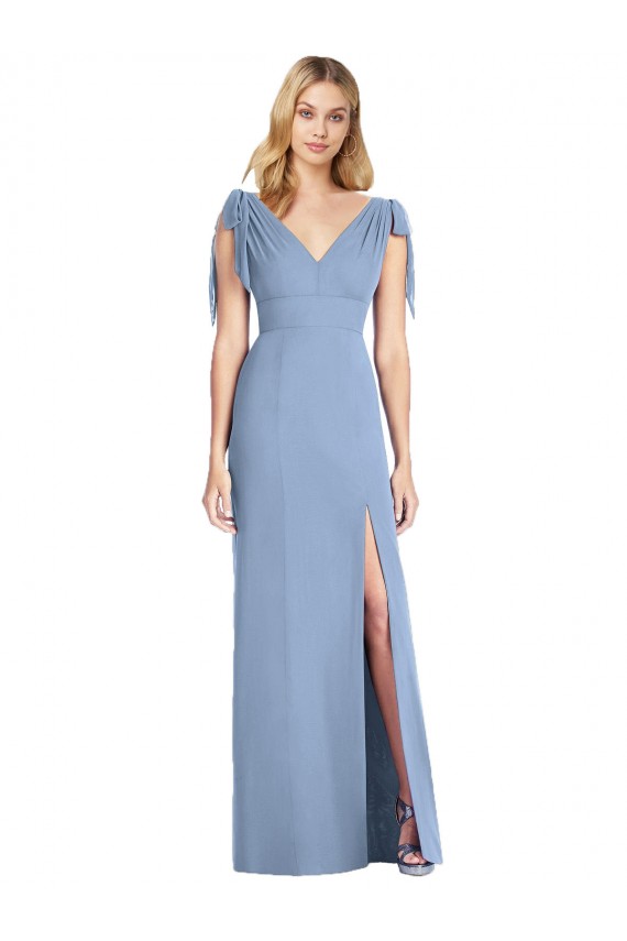 V-Back Dusty Blue Soft Chiffon V-Neck Long Sleeveless Bridesmaid Dress Norwich