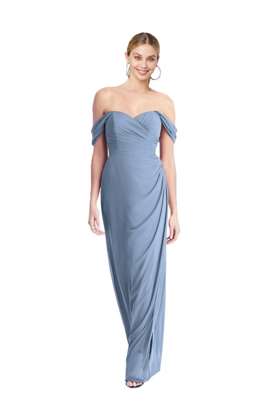 Low Back Dusty Blue Soft Chiffon Off the Shoulder Long Sleeveless Semi Formal Evening Dress / Bridesmaid Dress Norwich