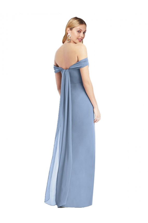 Low Back Dusty Blue Soft Chiffon Off the Shoulder Long Sleeveless Semi Formal Evening Dress / Bridesmaid Dress Norwich