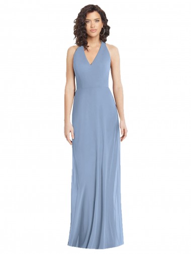 Open Back Dusty Blue Soft Chiffon Halter Neck Long Sleeveless Formal Evening Gown / Bridesmaid Dress Norwich