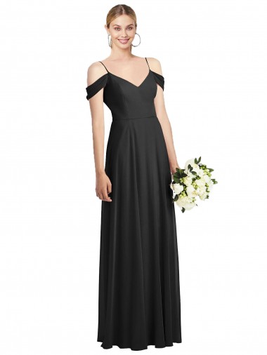 Black Soft Chiffon Spaghetti Straps Long Cold Shoulder Semi Formal Evening Dress / Bridesmaid Dress Norwich