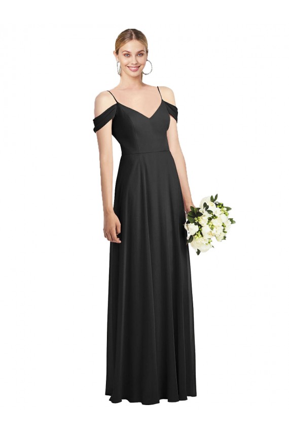 Black Soft Chiffon Spaghetti Straps Long Cold Shoulder Semi Formal Evening Dress / Bridesmaid Dress Norwich