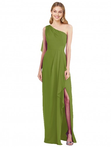 Olive Green Soft Chiffon One Shoulder Long Sleeveless Bridesmaid Dress Norwich