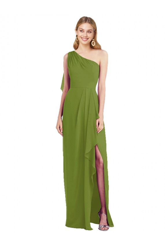 Olive Green Soft Chiffon One Shoulder Long Sleeveless Bridesmaid Dress Norwich