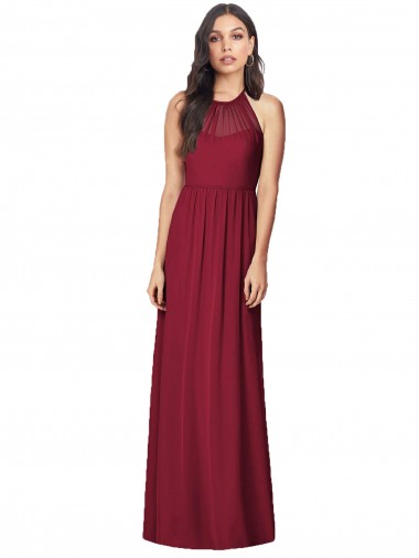 Burgundy Soft Chiffon Halter Neck Long Sleeveless Bridesmaid Dress Norwich