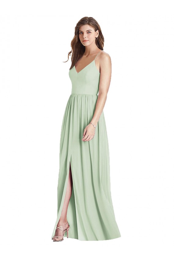 Open Back Sage Soft Chiffon Spaghetti Straps Long Sleeveless Semi Formal Evening Dress / Bridesmaid Dress Norwich