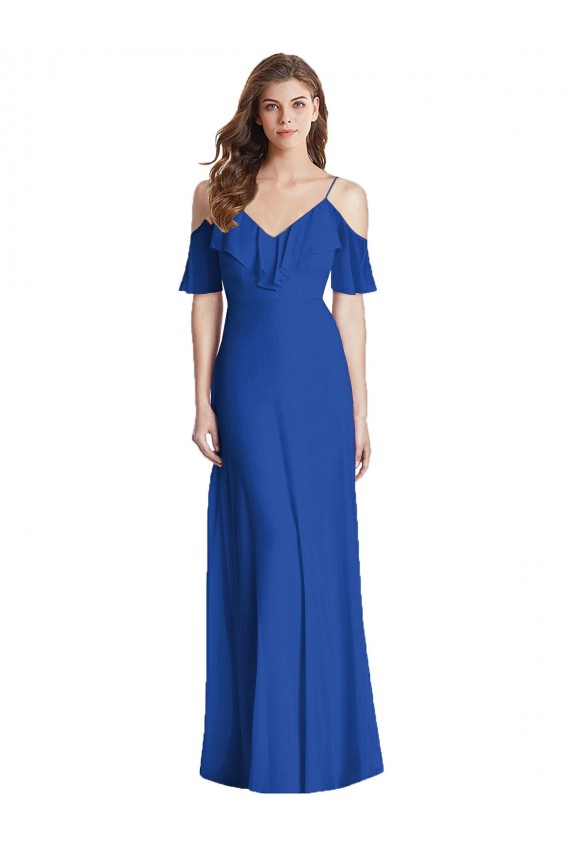V-Back Soft Chiffon Spaghetti Straps Long Cold Shoulder Semi Formal Evening Dress / Bridesmaid Dress Norwich