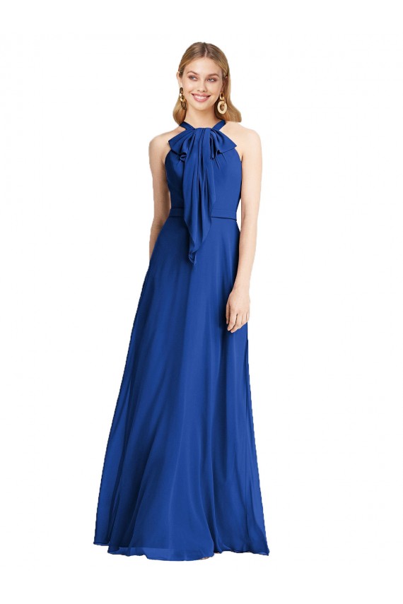 V-Back Royal Blue Soft Chiffon Halter Neck Long Sleeveless Bridesmaid Dress Norwich