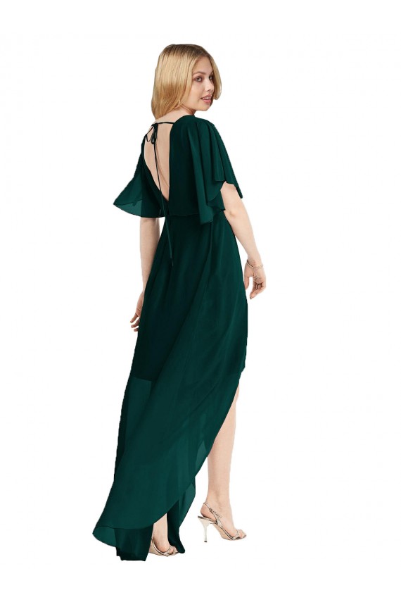 Tie Back Soft Chiffon Round Neck Flutter Sleeves High Low Bridesmaid Dress Norwich
