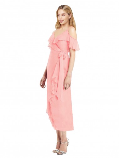Soft Chiffon Spaghetti Straps Cocktail Length Cold Shoulder High Low Bridesmaid Dress Norwich