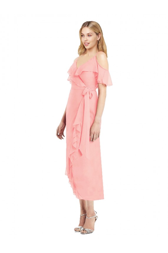 Soft Chiffon Spaghetti Straps Cocktail Length Cold Shoulder High Low Bridesmaid Dress Norwich