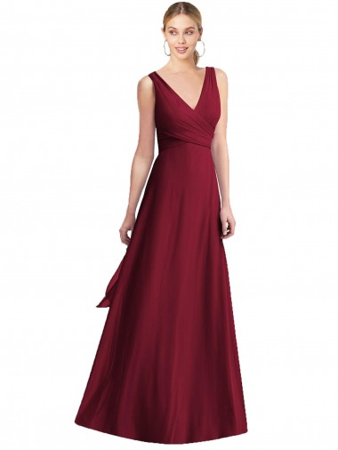 V-Back Burgundy Chiffon V-Neck Long Floor Length Sleeveless Bridesmaid Dress Norwich