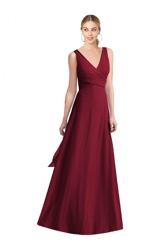 V-Back Burgundy Chiffon V-Neck Long Floor Length Sleeveless Bridesmaid Dress Norwich