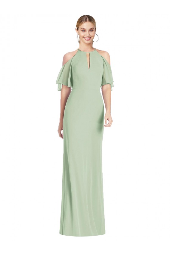 Soft Chiffon Halter Neck Long Cold Shoulder Semi Formal Evening Dress / Bridesmaid Dress Norwich