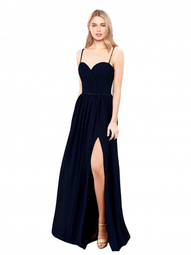 Dark Navy Soft Chiffon Spaghetti Straps Long Sleeveless Formal Evening Gown / Bridesmaid Dress Norwich