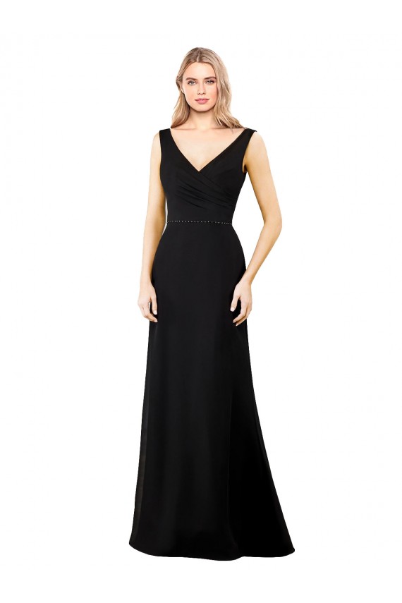 V-Back Black Soft Chiffon V-Neck Long Sleeveless Prom Dress / Bridesmaid Dress Norwich