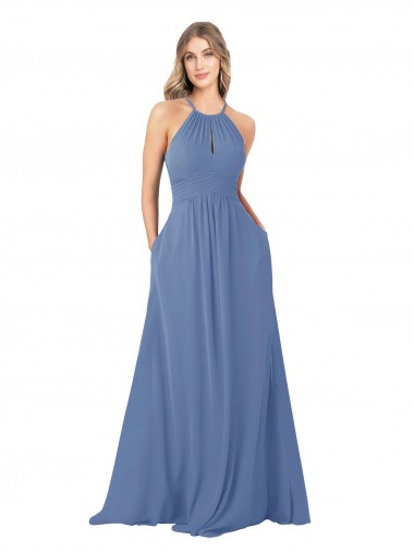 Keyhole Back Windsor Blue Soft Chiffon High Neck Long Sleeveless Bridesmaid Dress Norwich