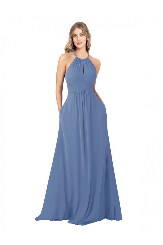 Keyhole Back Windsor Blue Soft Chiffon High Neck Long Sleeveless Bridesmaid Dress Norwich