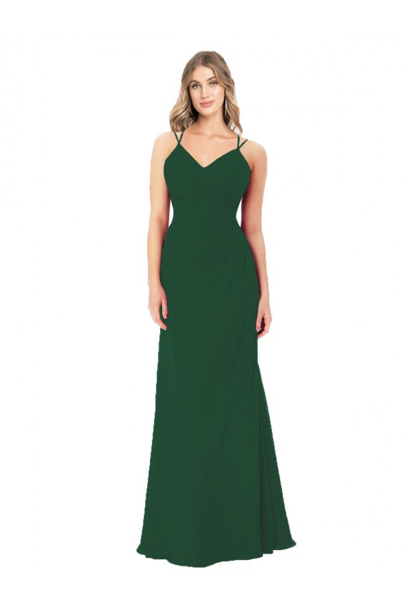 Dark Green Soft Chiffon V-Neck Long Sleeveless Bridesmaid Dress Norwich