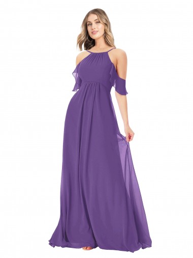 Plum Purple Soft Chiffon Off the Shoulder Long Cold Shoulder Bridesmaid Dress Norwich