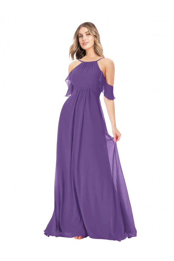 Plum Purple Soft Chiffon Off the Shoulder Long Cold Shoulder Bridesmaid Dress Norwich