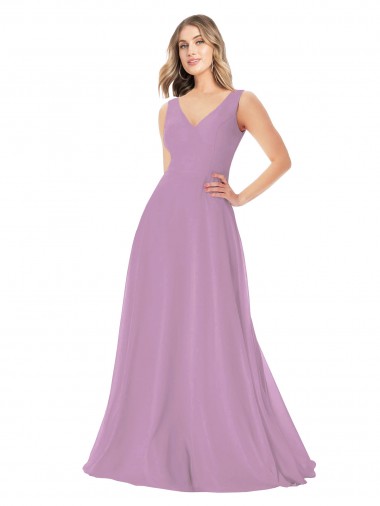 Dark Lavender Soft Chiffon V-Neck Long Sleeveless Bridal Party Dress Norwich
