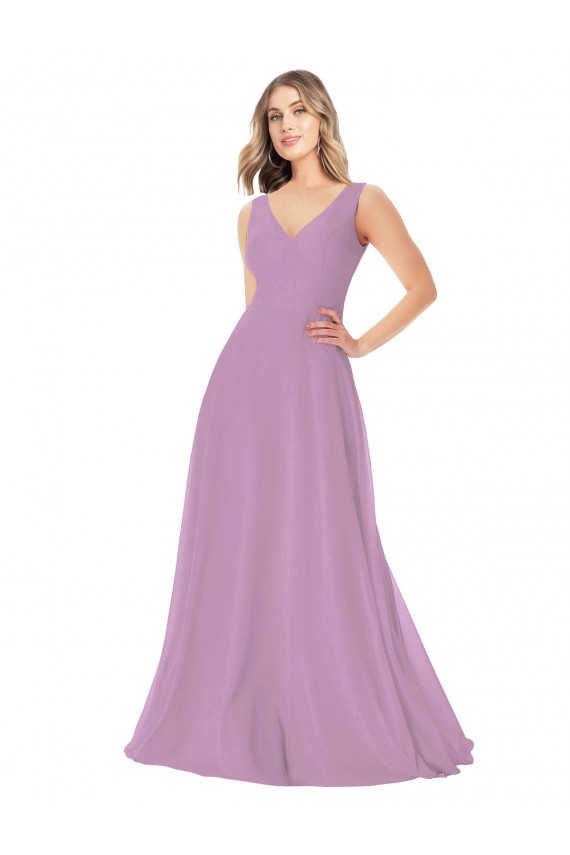Dark Lavender Soft Chiffon V-Neck Long Sleeveless Bridal Party Dress Norwich