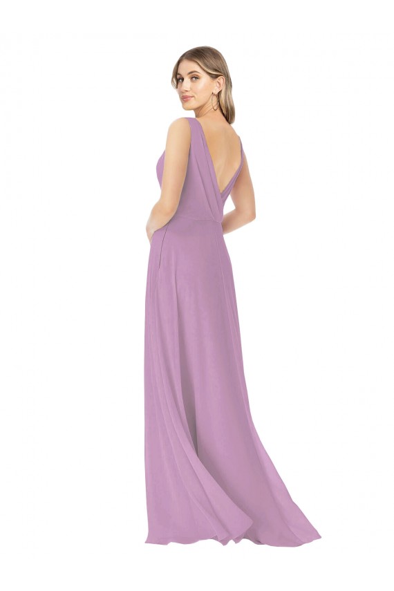Dark Lavender Soft Chiffon V-Neck Long Sleeveless Bridal Party Dress Norwich