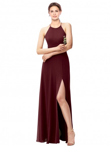 Open Back Burgundy Gold Soft Chiffon Halter Neck Long Sleeveless Bridesmaid Dress Norwich