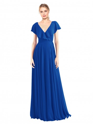 V-Back Royal Blue Soft Chiffon V-Neck Long Flutter Sleeves Bridesmaid Dress Norwich