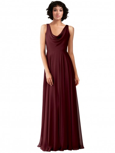 V-Back Burgundy Gold Soft Chiffon Cowl Neck Long Sleeveless Bridesmaid Dress Norwich