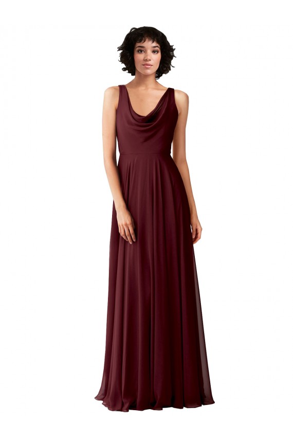 V-Back Burgundy Gold Soft Chiffon Cowl Neck Long Sleeveless Bridesmaid Dress Norwich