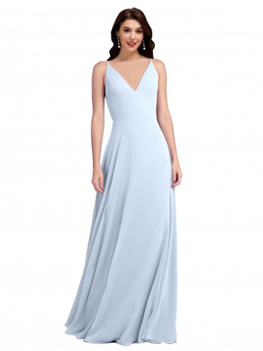 V-Back Light Sky Blue Soft Chiffon V-Neck Long Sleeveless Evening Dress / Bridesmaid Dress Norwich