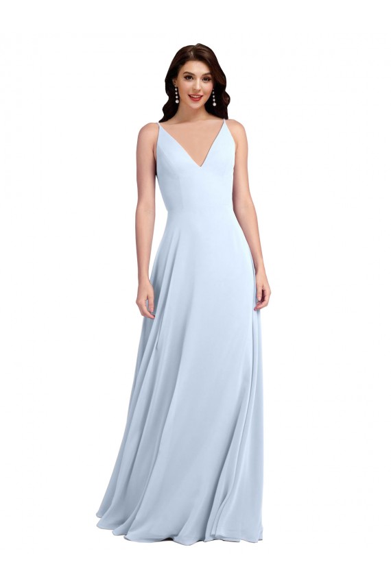 V-Back Light Sky Blue Soft Chiffon V-Neck Long Sleeveless Evening Dress / Bridesmaid Dress Norwich