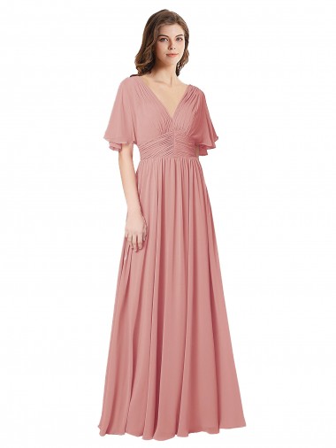 V-Back Bliss Pink Soft Chiffon V-Neck Long Flutter Sleeves Bridesmaid Dress Norwich